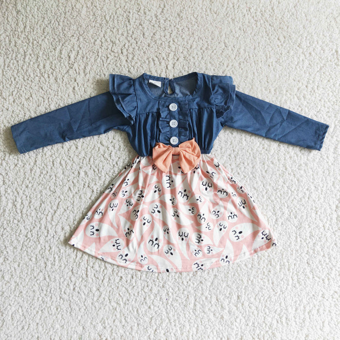GLD0044 Ghost Pink Print Girls Halloween Knee Length Dress