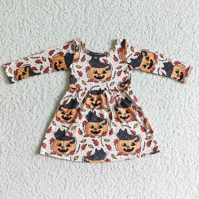 GLD0065 Pumpkin Leaf Print Girls Halloween Knee Length Dress