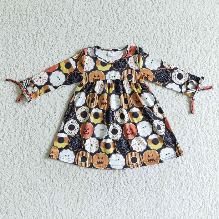 GLD0066 Doughnut Pumpkin Print Girls Halloween Knee Length Dress