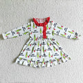 GLD0068 Green Frog Print Girls Christmas Knee Length Gown Dress