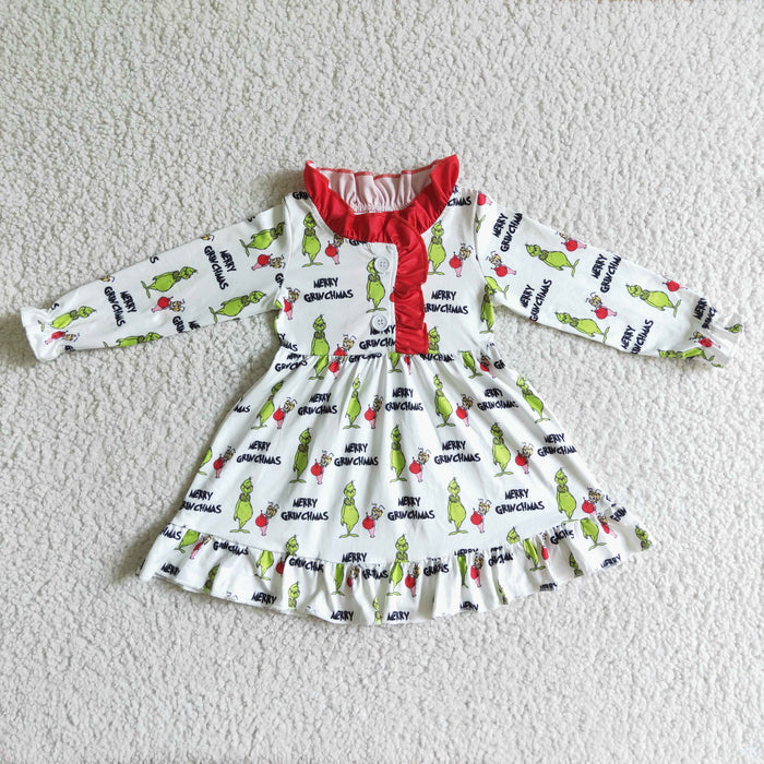GLD0068 Green Frog Print Girls Christmas Knee Length Gown Dress
