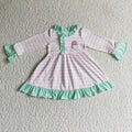 GLD0069 Santa Embroidery Pink Stripes Print Girls Christmas Knee Length Gown Dress