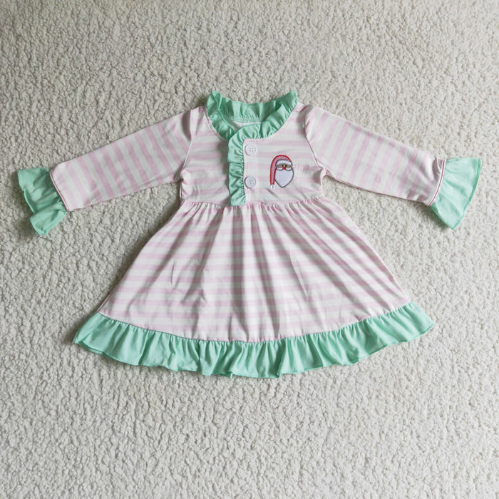 GLD0069 Santa Embroidery Pink Stripes Print Girls Christmas Knee Length Gown Dress