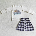 GLD0070 Pumpkin Trucks White Top Plaid Skirts Girls Fall Clothes Set