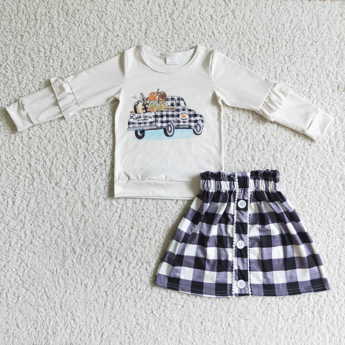 GLD0070 Pumpkin Trucks White Top Plaid Skirts Girls Fall Clothes Set