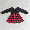 GLD0072 Red Checkered Print Girls Christmas Knee Length Dress