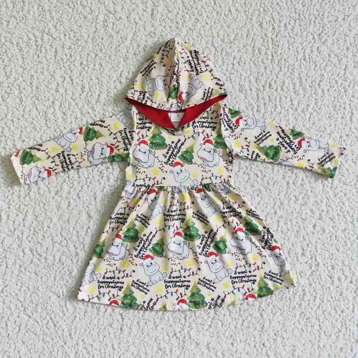 GLD0076 Hippo Tree Print Girls Christmas Hoodie Knee Length Dress