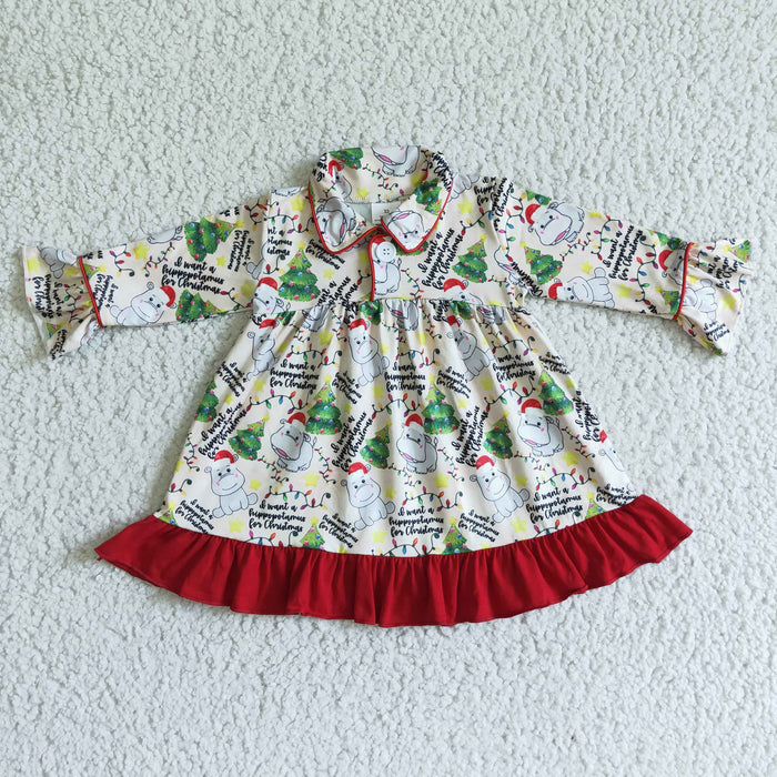 GLD0078 Hippo Tree Print Girls Christmas Knee Length Gown Dress