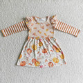 GLD0085 Pumpkin Leaf Print Girls long sleeve knee length dress