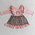 GLD0088 Turkey Pumpkin Leopard Print Girls Thanksgiving Knee Length Dress