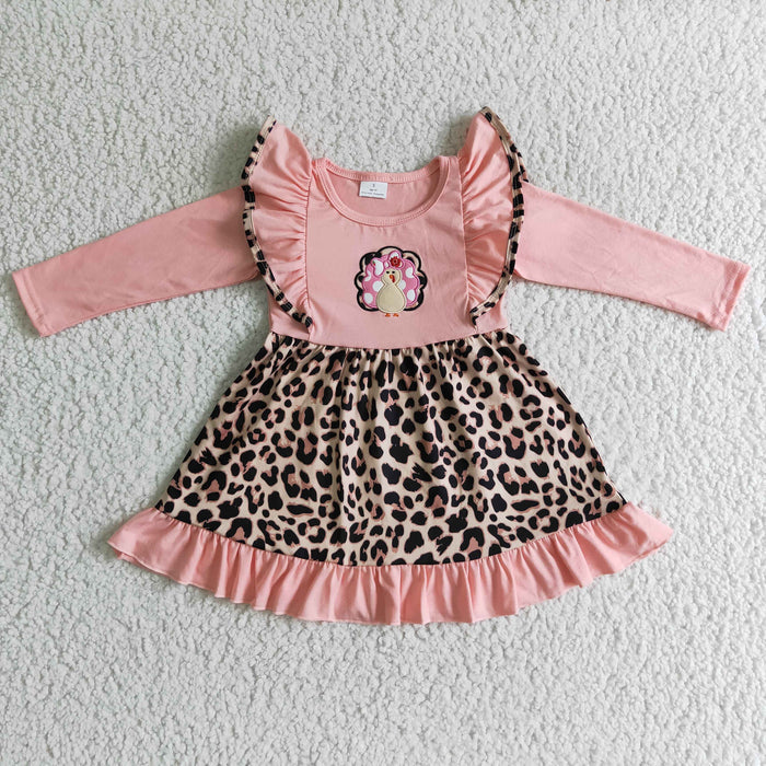 GLD0088 Turkey Pumpkin Leopard Print Girls Thanksgiving Knee Length Dress