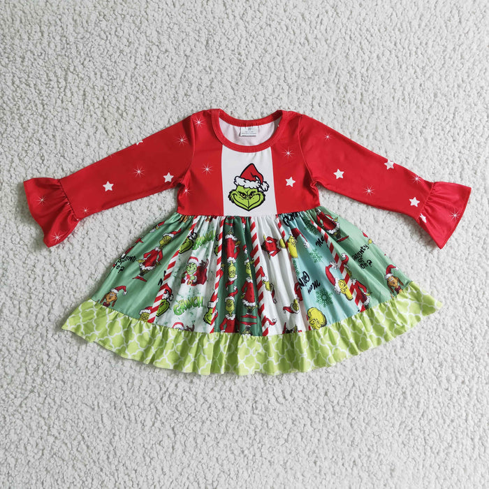 GLD0099 Green Frog Print Girls Christmas Knee Length Twirl Dress
