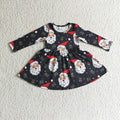 GLD0102 Santa Holly Black Print Girls Christmas Knee Length Dress