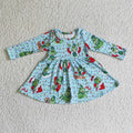 GLD0103 Green Frog Blue Print Girls Christmas Knee Length Dress