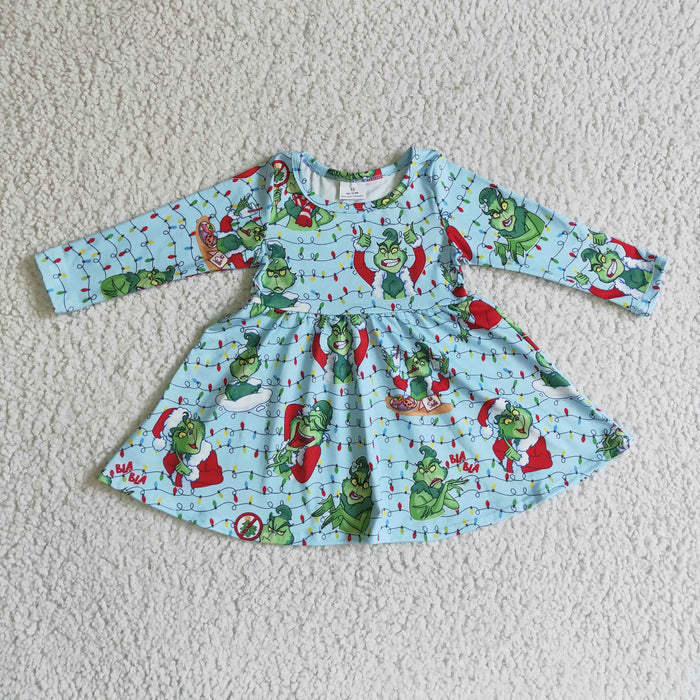 GLD0103 Green Frog Blue Print Girls Christmas Knee Length Dress