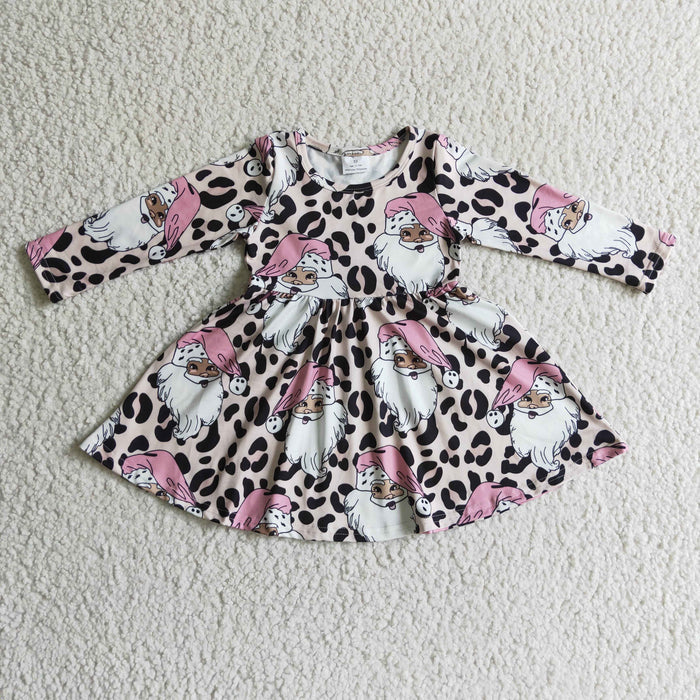 GLD0112 Santa Leopard Print Girls Christmas Knee Length Dress