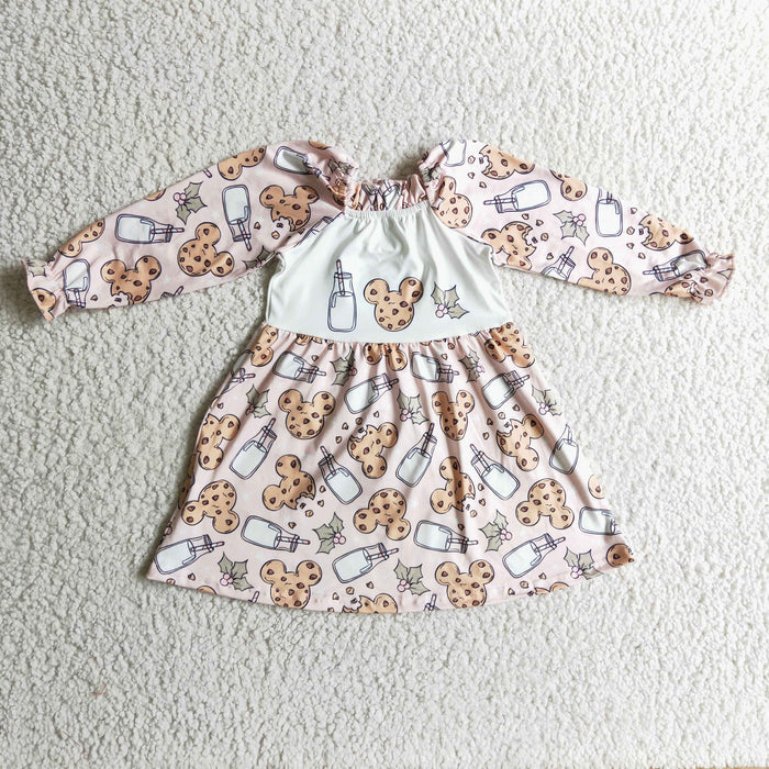 GLD0129 Cartoon Mouse Cookies Milk Holly Print Girls Christmas Knee Length Dress