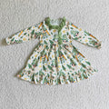 GLD0130 Cartoon Tomt* Tree Green Print Girls Christmas Knee Length Gown Dress