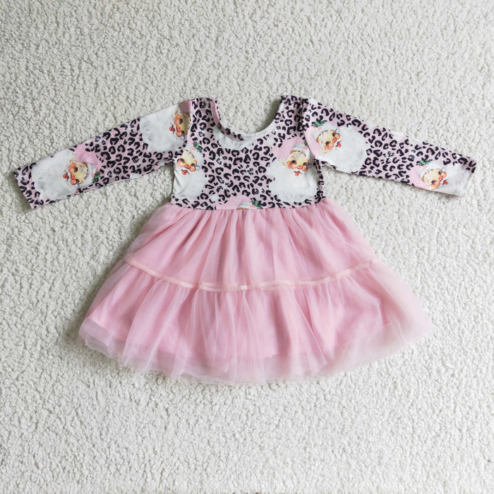 GLD0134 Santa Leopard Print Girls Christmas Knee Length Tulle Dress
