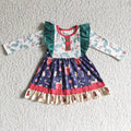 GLD0142 Gingerbread Candy Cane Holly Print Girls Christmas Knee Length Dress