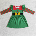 GLD0143 Cartoon Shelf Green Print Girls Christmas Knee Length Dress