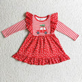 GLD0145 Truck Tree Red Stripes Dots Print Girls Christmas Knee Length Dress