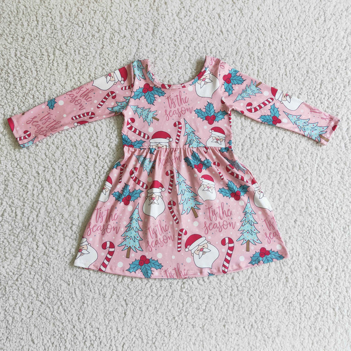 GLD0149 Santa Tree Holly Candy Pink Girls Christmas Knee Length Dress