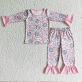 GLP0003 Ghost Pink Print Girls Halloween Pajamas Clothes Set