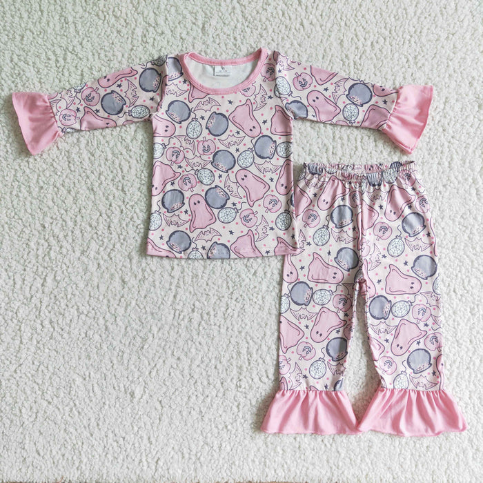 GLP0003 Ghost Pink Print Girls Halloween Pajamas Clothes Set