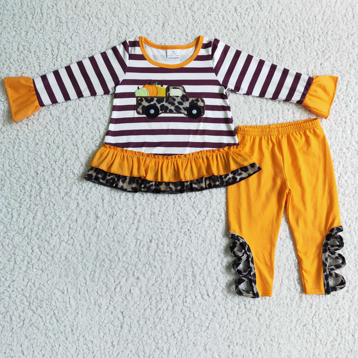 GLP0005 Pumpkin Truck Embroidery Stripes Top Orange Legging Pants Girls Fall Clothes Set