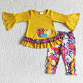 GLP0006 Pumpkin Embroidery Ruffle Tunic Top Flowers Legging Pants Girls Fall Outfits