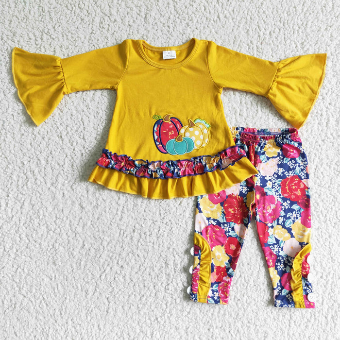 GLP0006 Pumpkin Embroidery Ruffle Tunic Top Flowers Legging Pants Girls Fall Outfits