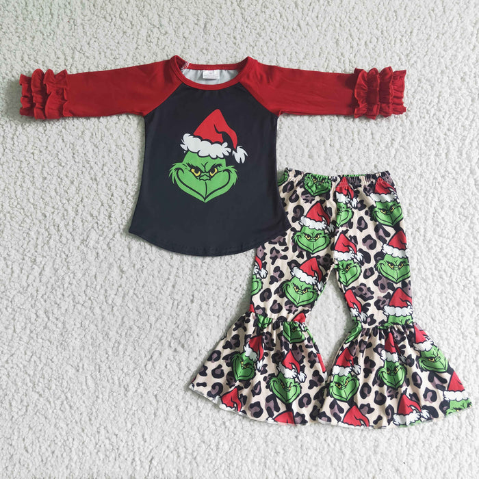 GLP0010 Green Frog Top Leopard Bell Pants Girls Christmas Clothes Set