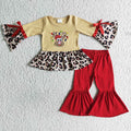GLP0011 Deer Embroidery Leopard Ruffle Top Red Bell Pants Girls Christmas Clothes Set
