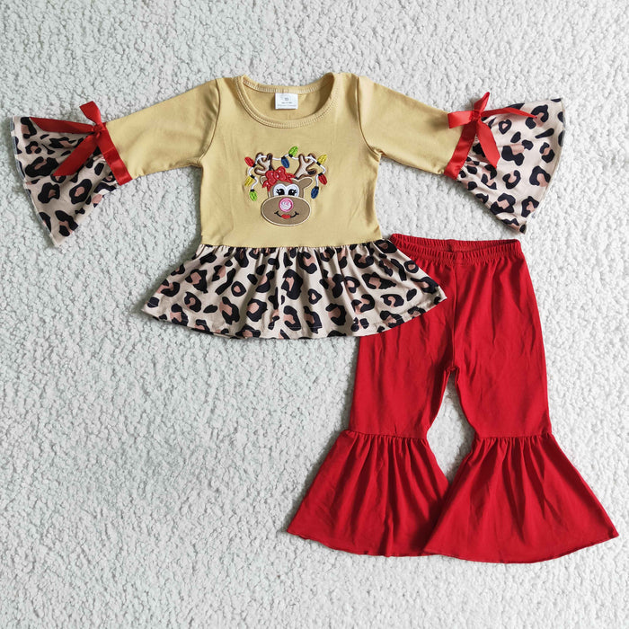 GLP0011 Deer Embroidery Leopard Ruffle Top Red Bell Pants Girls Christmas Clothes Set