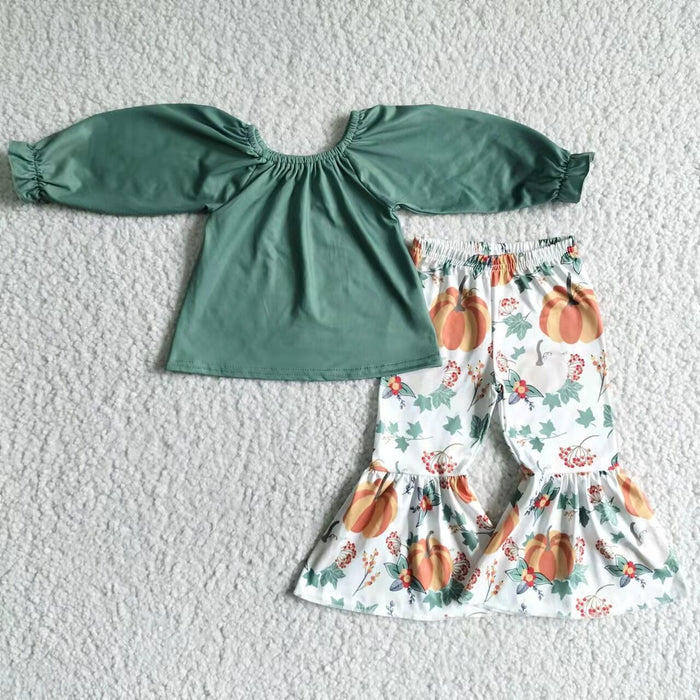 GLP0014 Green Top Pumpkin Bell Pants Girls Fall Clothes Set