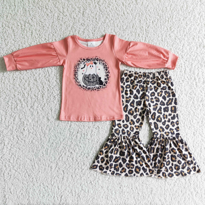 GLP0017 Ghost Pumpkin Pink Top Leopard Bell Pants Girls Halloween Clothes Set