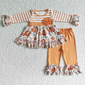 GLP0018 Pumpkin Flowers Tunic Top Ruffle Pants Girls Fall Clothes Set