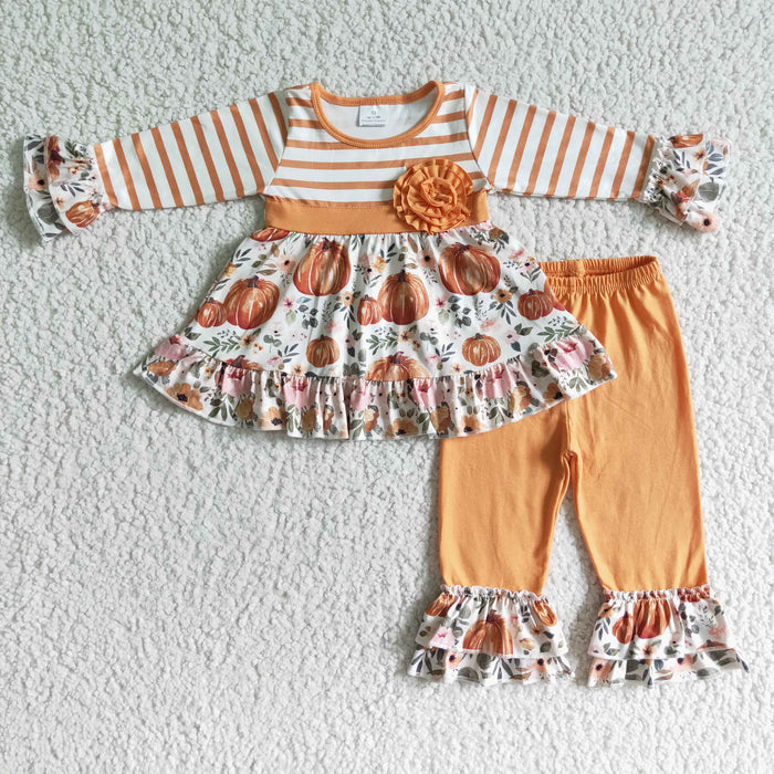 GLP0018 Pumpkin Flowers Tunic Top Ruffle Pants Girls Fall Clothes Set