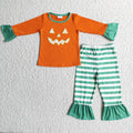 GLP0020 Pumpkin Smiling Embroidery Orange Top Stripes Pants Girls Halloween Pajamas Clothes Set