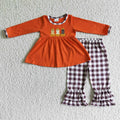 GLP0026 Dog Pumpkin Embroidery Orange Tunic Top Plaid Pants Girls Fall Clothes Set