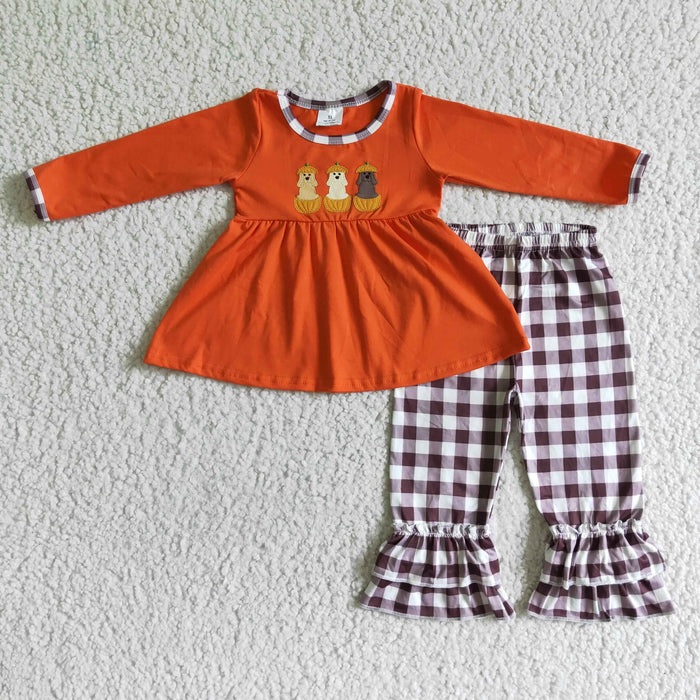 GLP0026 Dog Pumpkin Embroidery Orange Tunic Top Plaid Pants Girls Fall Clothes Set