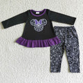 GLP0027 Cartoon Mouse Embroidery Black Top Web Legging Pants Girls Halloween Clothes Set