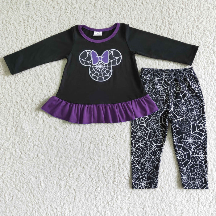 GLP0027 Cartoon Mouse Embroidery Black Top Web Legging Pants Girls Halloween Clothes Set