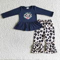 GLP0037 Pumpkin Embroidery Navy Top Leopard Pants Girls Fall Clothes Set