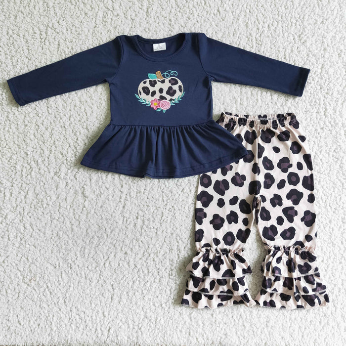 GLP0037 Pumpkin Embroidery Navy Top Leopard Pants Girls Fall Clothes Set