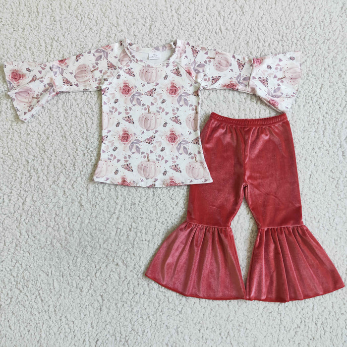 GLP0040 Pumpkin Flowers Top Velvet Bell Pants Girls Fall Clothes Set