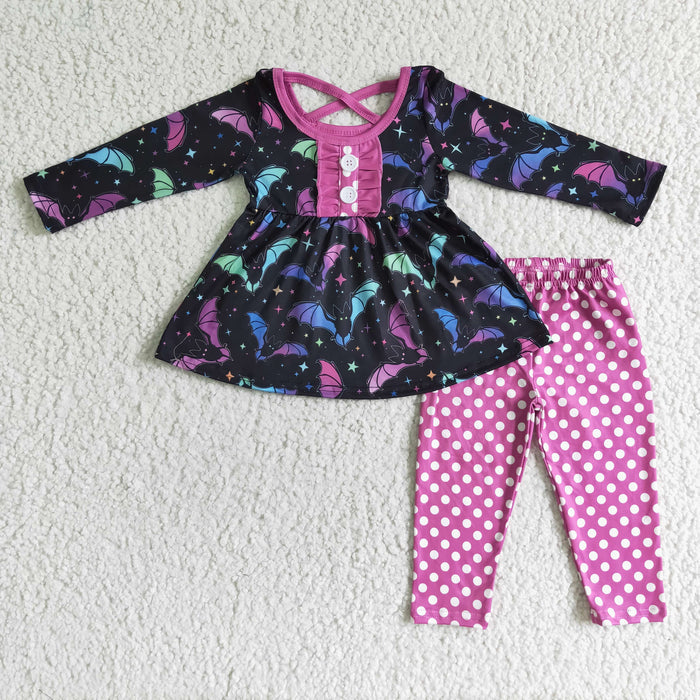 GLP0042 Colorful Bat Tunic Top Pink Dots Legging Pants Girls Halloween Clothes Set