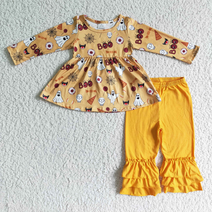 GLP0044 Ghost Boo Tunic Top Yellow Ruffle Pants Girls Halloween Clothes Set