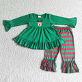 GLP0046 Deer Embroidery Green Tunic Top Stripes Ruffle Pants Girls Christmas Clothes Set